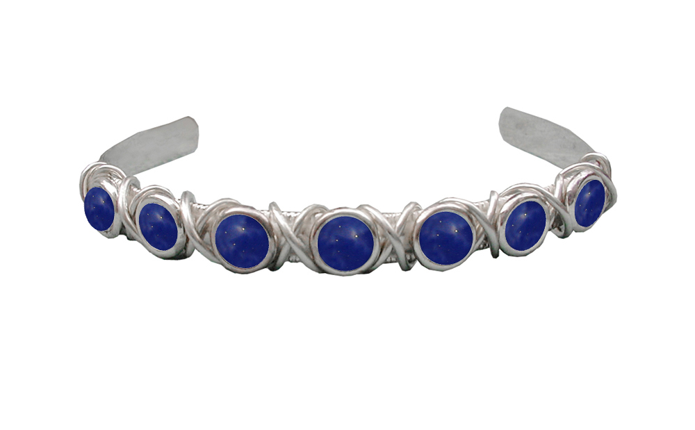 Sterling Silver 7 Stone Handmade Cuff Bracelet With Lapis Lazuli